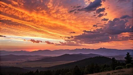 A vibrant orange and purple sunset sky fills the frame with a breathtaking panorama of mountains in the distance, serene atmosphere, panoramic sunset sky, vast landscape, panoramic views, warm tones
