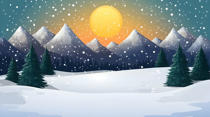 Naklejka premium A snowy landscape with a setting sun and snow covered mountains in the background.