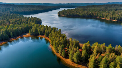 Fototapeta premium aerial view of a lake in a forest in autumn in the mountains