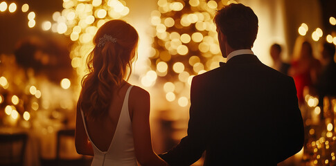 Blurred background of an elegant event with people dancing and socializing, captured in the soft light of the golden hour, Ai
