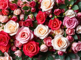 Naklejka premium Beautiful floral wall background featuring stunning roses in various colors, perfect for adding a touch of elegance to any design project, garden, summer