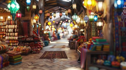 A narrow, bustling market street lined with colorful goods, lit by hanging lanterns.