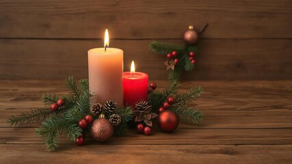 Burning candle with Christmas decorations on wooden table, festive, light, wax