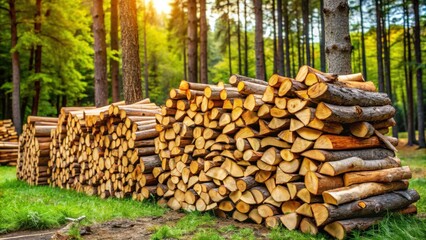 A meticulously stacked pile of firewood in a sun-dappled forest, ready for the warmth and coziness of a crackling fire.