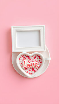 Fototapeta Valentine's Day concept. Top view photo of white photo frame gift boxes heart shaped saucer with sprinkles candles marshmallow and inscriptions love on isolated pastel pink background with blank spa