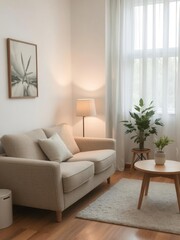 Cozy bedroom interior with couch, lamp, and table, living space, stylish