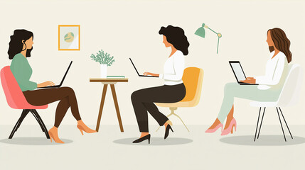 women engaged in programming and business analytics, working together at computers in a startup setting