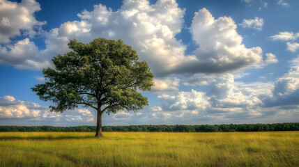 Obraz premium A solitary tree stands tall in a field of golden grass under a blue sky with fluffy white clouds.