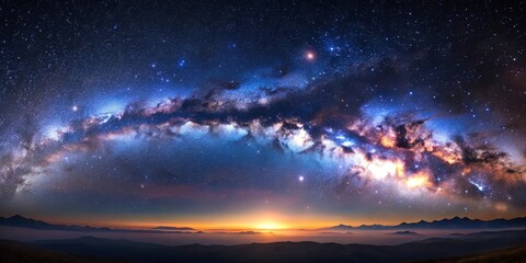 A celestial canvas painted with vibrant hues of twilight and cosmic dust, revealing the Milky Way's ethereal glow over a majestic mountain range.