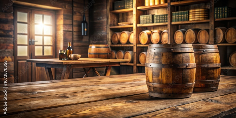 Poster rustic wooden table with barrels in a vintage storage room with shelves filled with books and bottle