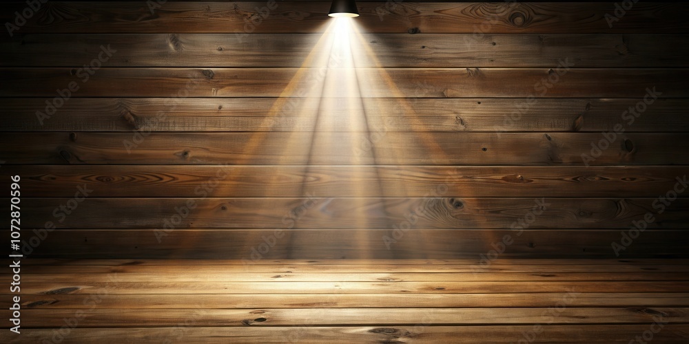 Poster A single spotlight illuminating a wooden floor and wall, creating a dramatic and inviting setting for product display or storytelling.