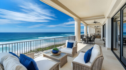 A spacious, furnished balcony with a stunning ocean view, featuring wicker furniture and a glass-top coffee table.