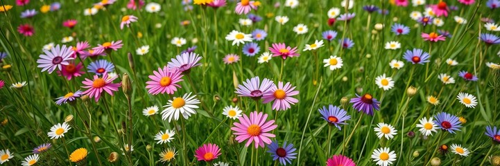 Obraz premium Lush spring meadow filled with vibrant cornflowers and daisies, blue sky, spring