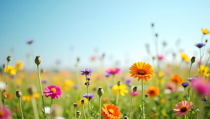 Naklejka premium A field filled with vibrant wildflowers under a clear blue sky, capturing the natural beauty of a July summer day.