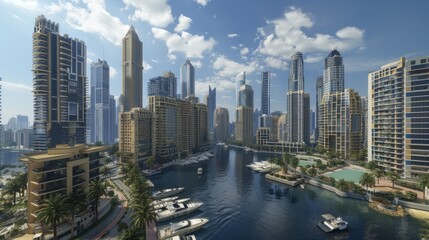 Obraz premium A waterfront view of a modern city with skyscrapers, palm trees, and yachts.