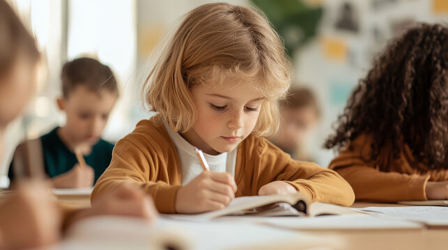 Focused girl writing in notebook during classroom activity, surrounded by classmates. atmosphere is studious and engaging, highlighting joy of learning