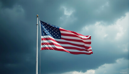 Fototapeta premium An American flag flying boldly against a dark and stormy sky, symbolizing resilience and strength on Independence Da