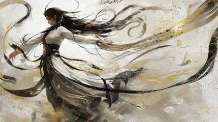 A woman in a white robe with long black hair flowing around her, against a white and gold abstract background.