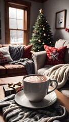Cozy Christmas scene with snow falling outside, a steaming cup of hot chocolate, and a festive throw blanket on the couch.