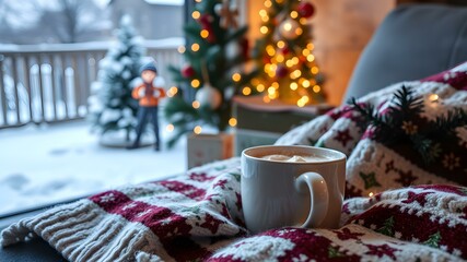 Cozy Christmas scene with snow falling outside, a steaming cup of hot chocolate, and a festive throw blanket on the couch.