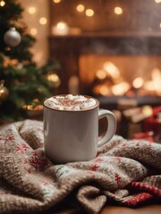 Cozy Christmas scene with snow falling outside, a steaming cup of hot chocolate, and a festive throw blanket on the couch.