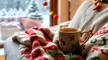 Cozy Christmas scene with snow falling outside, a steaming cup of hot chocolate, and a festive throw blanket on the couch.