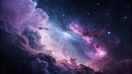 Fototapeta premium Swirling cosmic clouds of purple, blue, and pink hues suspended in a starry blackness, iridescent, rainbow, glow