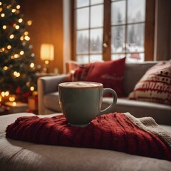 Cozy Christmas scene with snow falling outside, a steaming cup of hot chocolate, and a festive throw blanket on the couch.