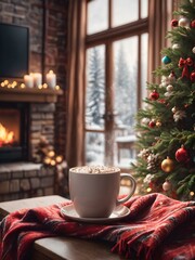 Cozy Christmas scene with snow falling outside, a steaming cup of hot chocolate, and a festive throw blanket on the couch.