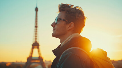 A young man stands in profile against stunning sunset backdrop featuring Eiffel Tower. His stylish sunglasses and backpack add to vibrant atmosphere of this iconic Parisian scene