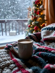 Cozy Christmas scene with snow falling outside, a steaming cup of hot chocolate, and a festive throw blanket on the couch.