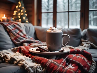 Cozy Christmas scene with snow falling outside, a steaming cup of hot chocolate, and a festive throw blanket on the couch.