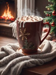 Cozy Christmas scene with snow falling outside, a steaming cup of hot chocolate, and a festive throw blanket on the couch.