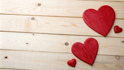 Fototapeta premium Two large red hearts on a wooden panel with a subtle wood grain, heart shape, heart design, decoration