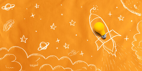 Idea light bulb rocket flying to the sky - Flat lay