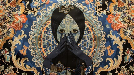 A woman's face partially obscured by her hands, against a patterned background.