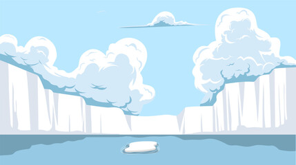 landscape background with illustration of a large ice wall with clouds and sea