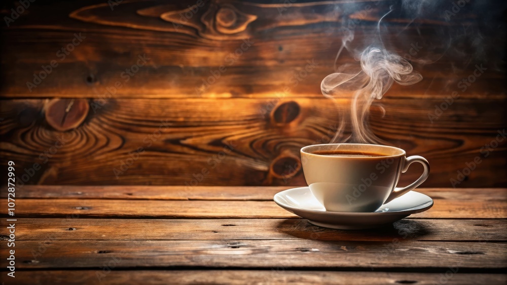Poster a steaming cup of coffee on a rustic wooden table, creating a comforting and cozy atmosphere