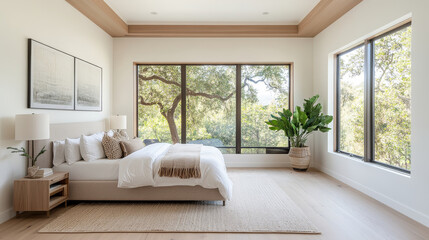 Fototapeta premium A serene bedroom featuring cozy bed, large windows with view of nature, and stylish plant. light wood flooring and neutral tones create calming atmosphere