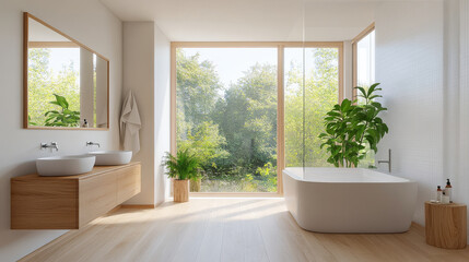 Fototapeta premium A modern bathroom featuring freestanding bathtub, dual sinks, and large windows showcasing lush green view. space is bright and airy, with natural wood accents and plants adding serene touch