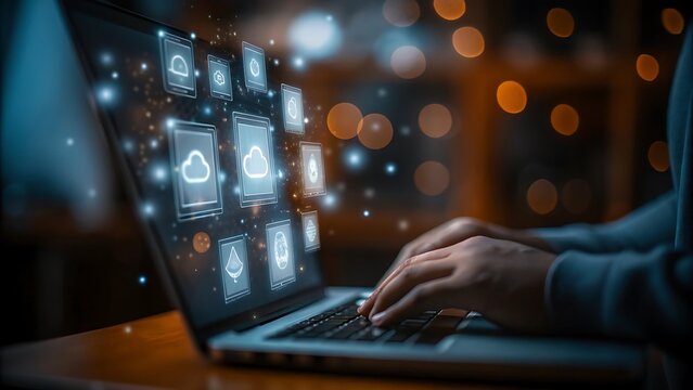 Businessman using laptop computer with icons on screen, blurred background.AI GENERATED