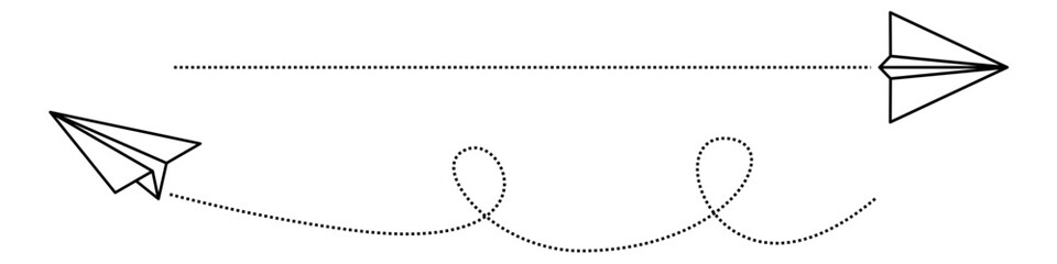 editable paper airplane flights, paper craft plane and line routes paths aircraft tracking. flight track, Travel  dotted line tracing. Origami plane routes flight air dotted	