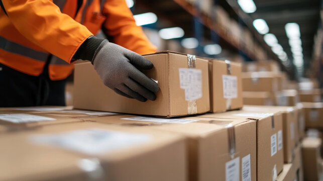 Close-up of shipping labels on cargo pallets being prepared for transport workers organizing shipments inside a busy freight logistics warehouse