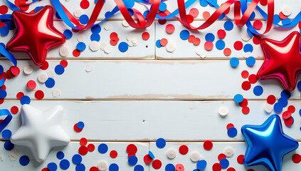 Obraz premium Red, white, and blue confetti and streamers scattered on a rustic wooden background, symbolizing a festive July celebration