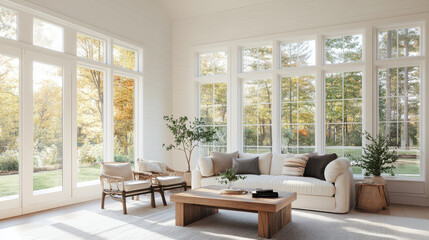 Fototapeta premium A bright and airy living room features large windows that invite natural light, showcasing cozy sofa, wooden coffee table, and stylish decor. serene atmosphere is enhanced by greenery and autumn color
