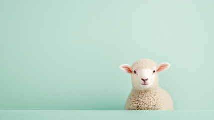 Fototapeta premium Fluffy sheep with gentle expression against mint green background, creating serene and playful atmosphere. This adorable animal captures attention effortlessly