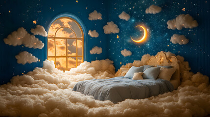 Dreamy cloud-like arch with delicate stars and a crescent moon hanging from it, set against a soft, celestial background; this enchanting scene evokes a sense of calm, wonder, and imagination, perfect