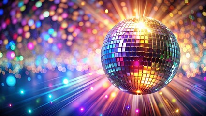 A glittering disco ball casts a dazzling array of colorful lights and rays, creating an atmosphere of pure joy and celebration.