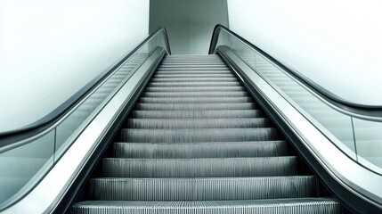 A sleek escalator glides upward in a minimalistic environment, showcasing modern design and clean lines.