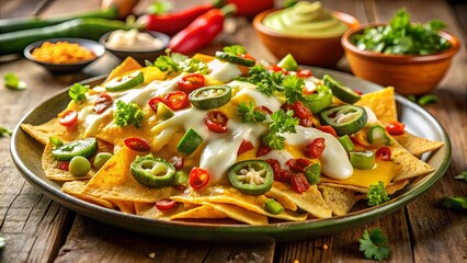 A symphony of flavors on a bed of crispy tortilla chips, adorned with vibrant peppers, fresh herbs, and a creamy drizzle.